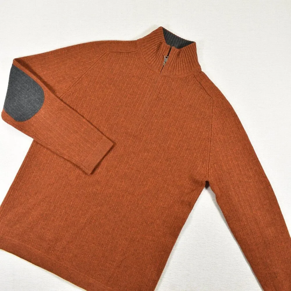 Banana Republic Mens L Burnt Orange Wool Blend Quarter Zip Sweater Elbow Patches